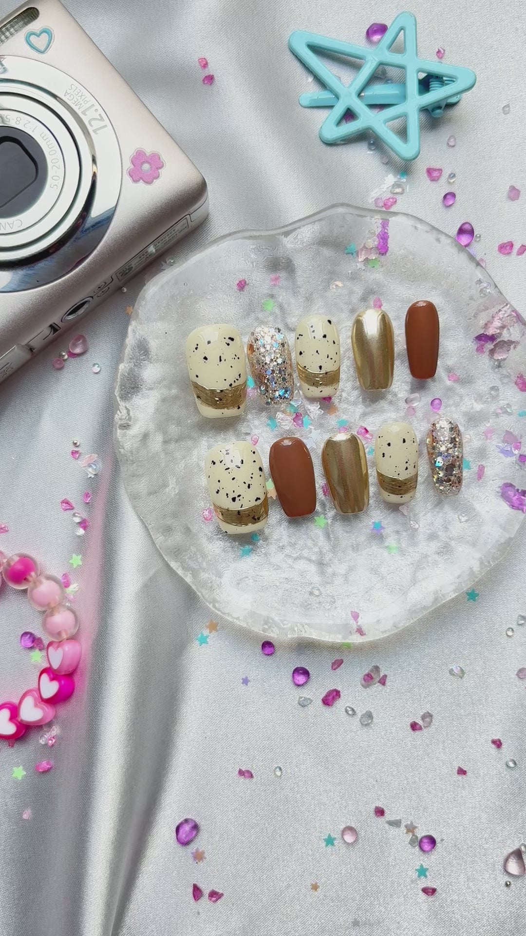Personalized Brown Speckle Press On Nails: Gold Glitter Almond Nail Art | Wynzy Pops Nails