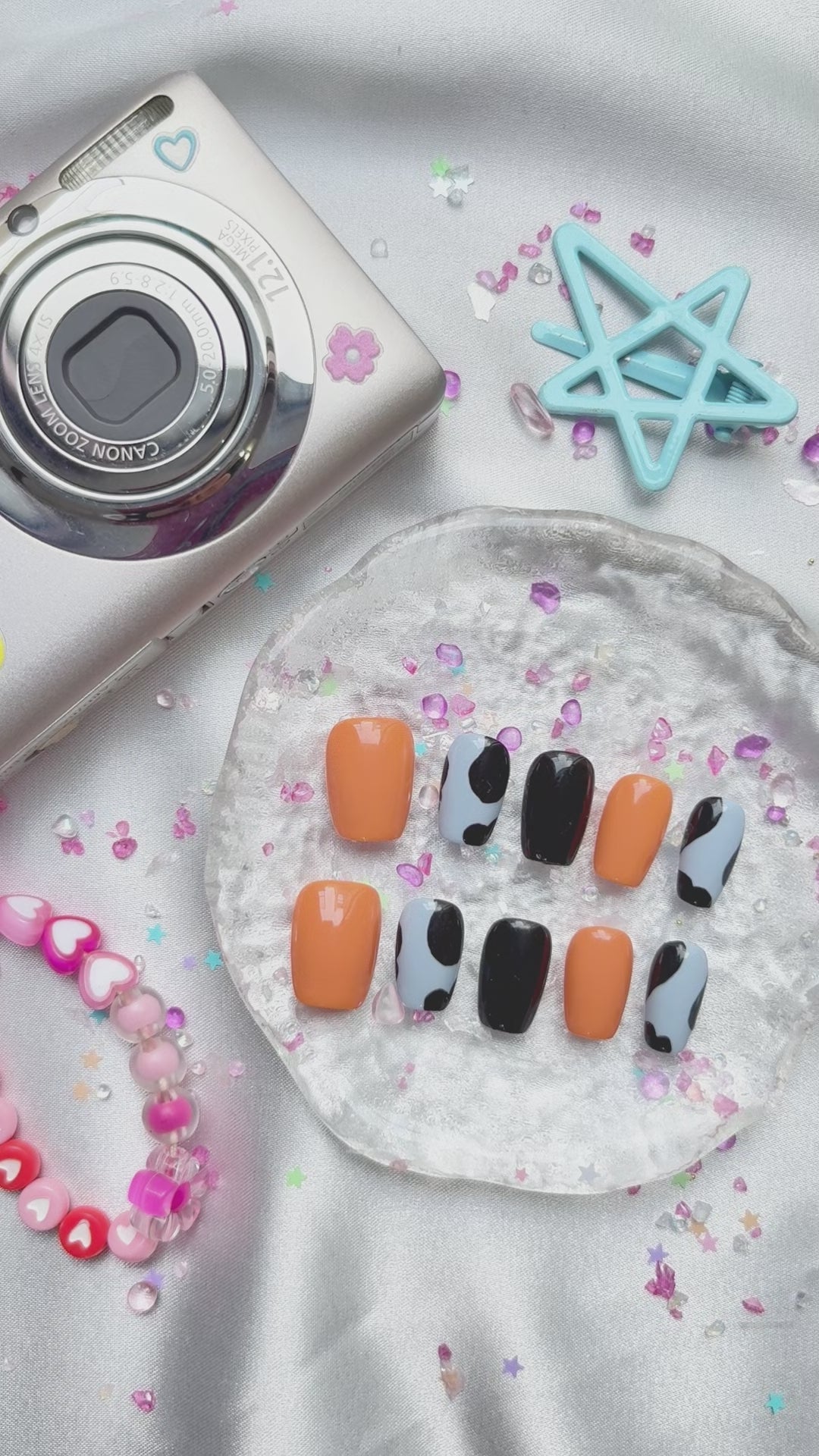 Custom Press-On Nails – Neon Orange & Cow Print in Long Square Shape | Wynzy Pops Nails