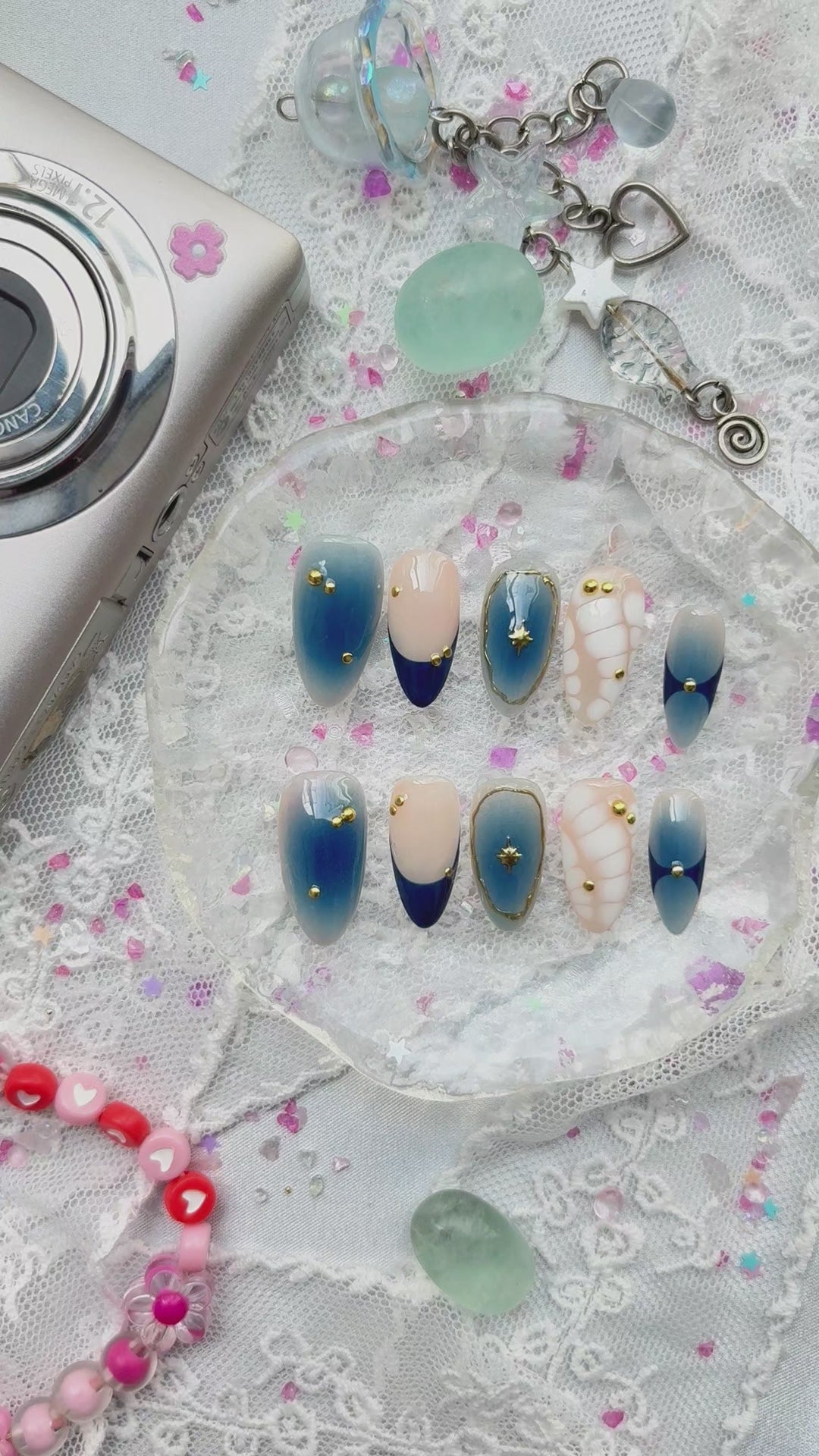 Custom Press-On Nails – Blue Galaxy Ombre with Gold Stars & Celestial Charms | Wynzy Pops Nails