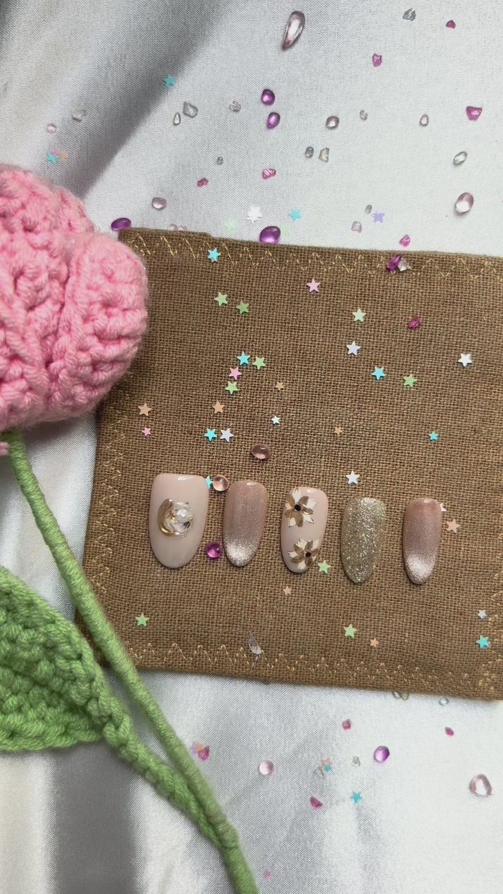 Custom Press-On Nails – Nude Beige with Gold Glitter & 3D Floral Accents | Wynzy Pops Nails