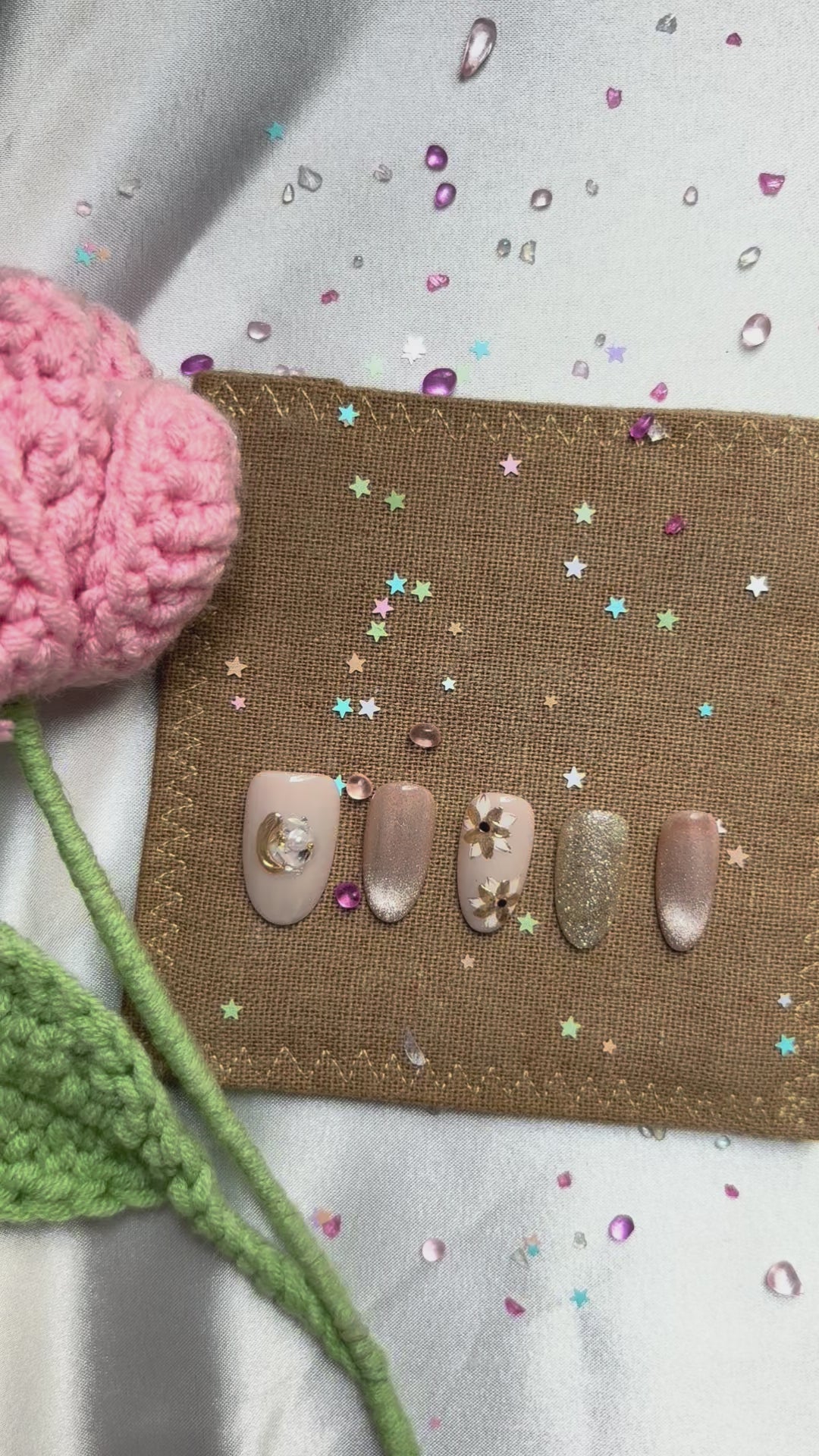 Custom Press-On Nails – Nude Beige with Gold Glitter & 3D Floral Accents | Wynzy Pops Nails