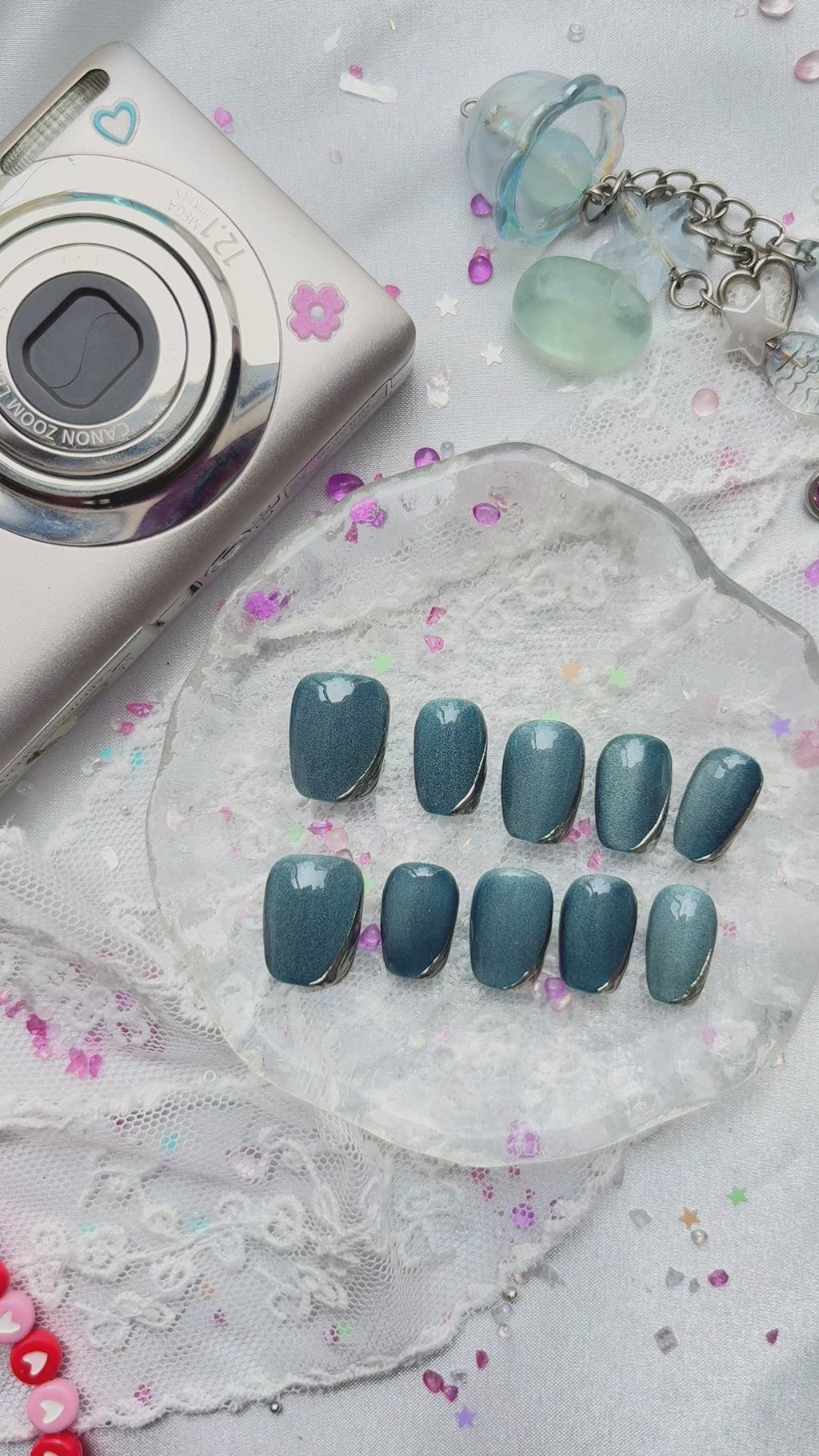 Custom Blue Cat Eye Press-On Nails – Shimmer Chrome Accent | Handmade Magnetic Effect | Wynzy Pops Nails