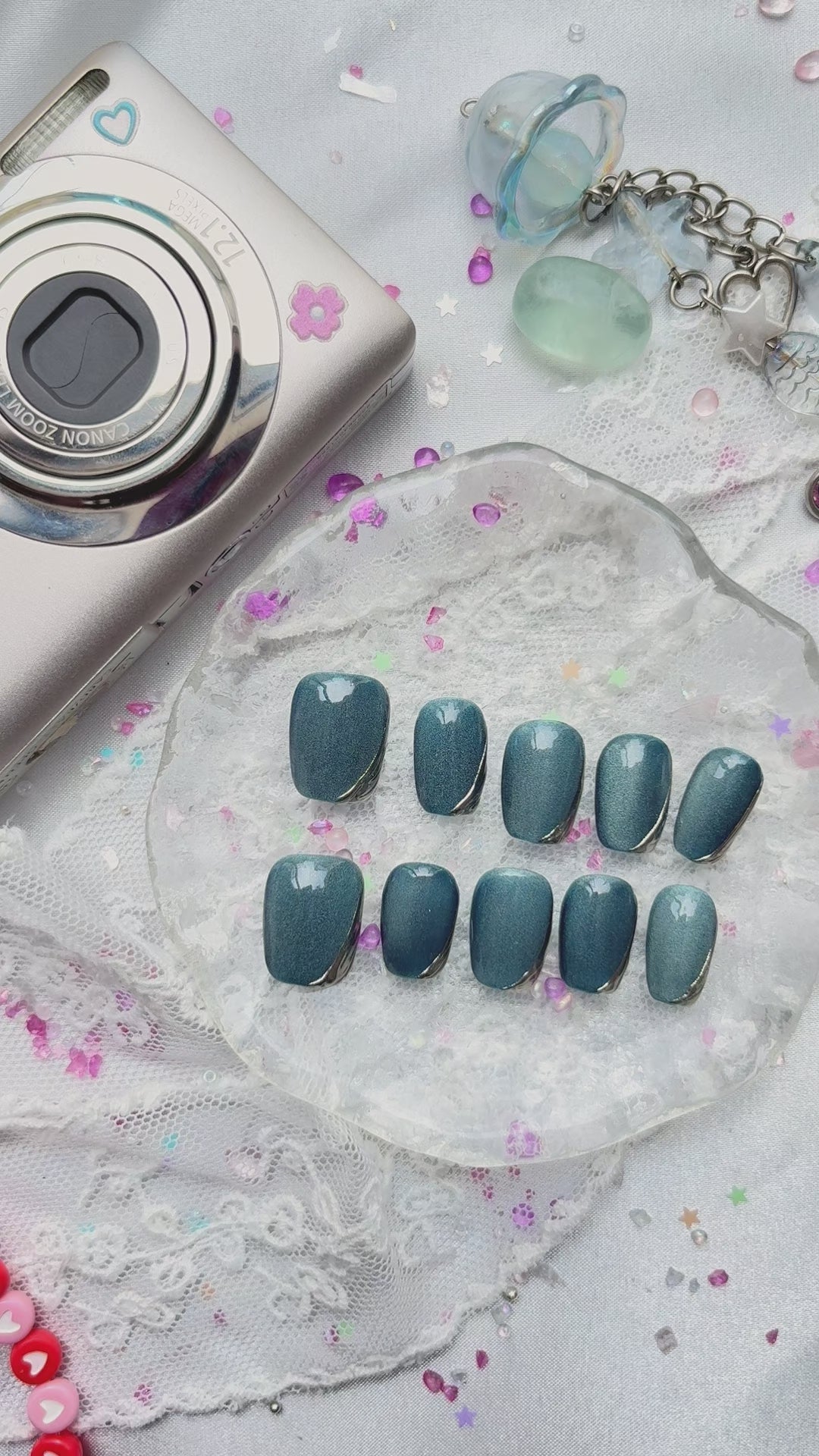 Custom Blue Cat Eye Press-On Nails – Shimmer Chrome Accent | Handmade Magnetic Effect | Wynzy Pops Nails
