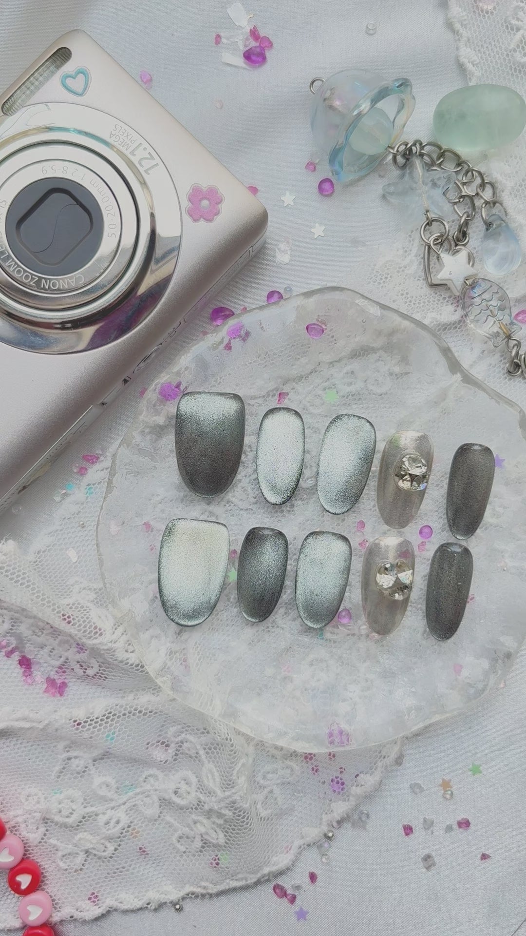 Press-On Nails – Silver Green Chrome with Rhinestone Accents | Luxury Gothic Nail Art Set | Wynzy Pops Nails