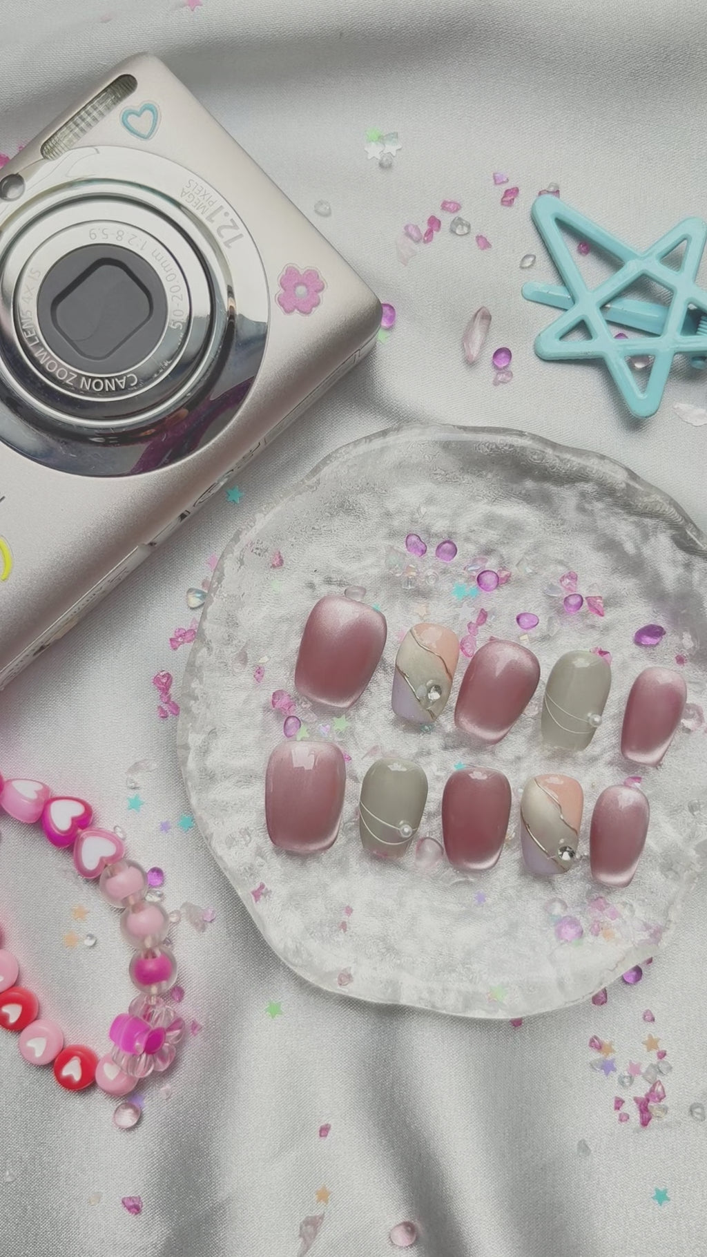 Custom Cat Eye Press On Nails | Pink-Brown Gradient | Pastel Green Accent | Pearl & Crystal Charms | Soft Glam Nail Art