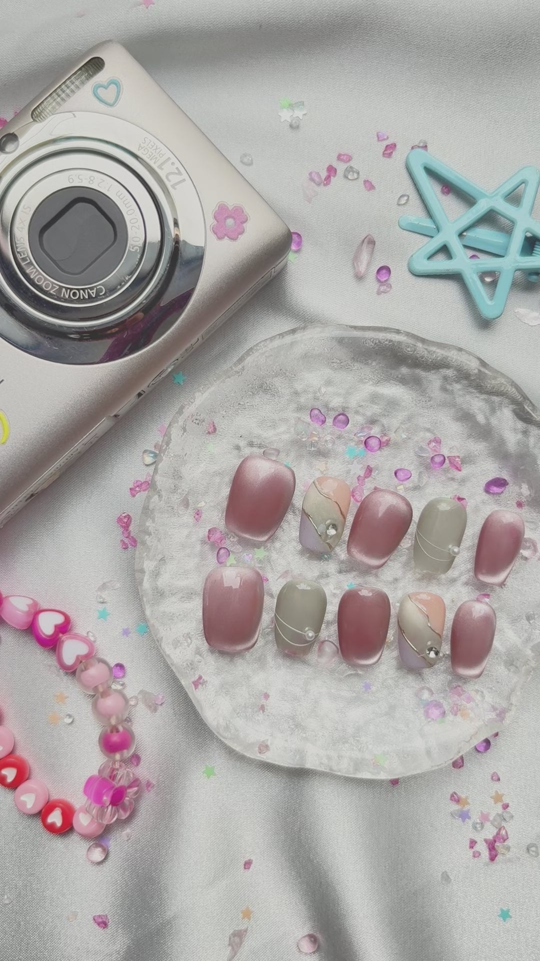 Custom Cat Eye Press On Nails | Pink-Brown Gradient | Pastel Green Accent | Pearl & Crystal Charms | Soft Glam Nail Art