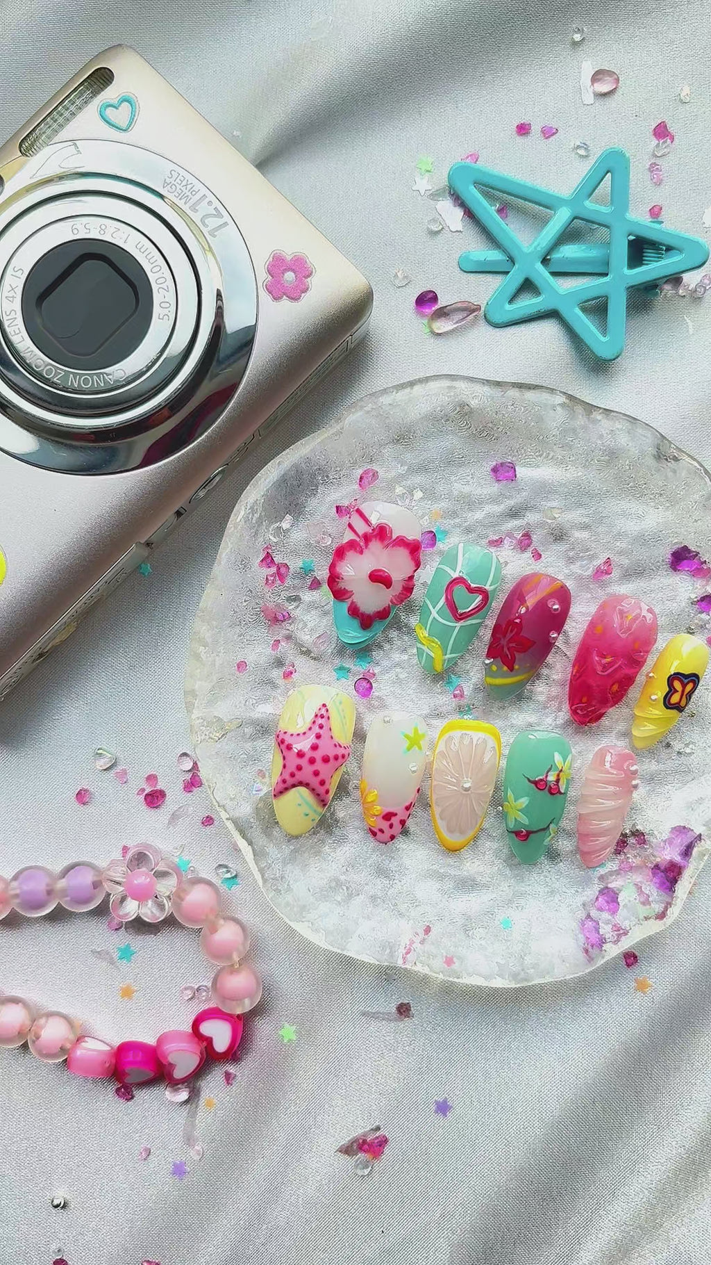 Custom Press-On Nails – Tropical Y2K Summer Vibes with 3D Starfish, Citrus & Butterflies | Wynzy Pops Nails