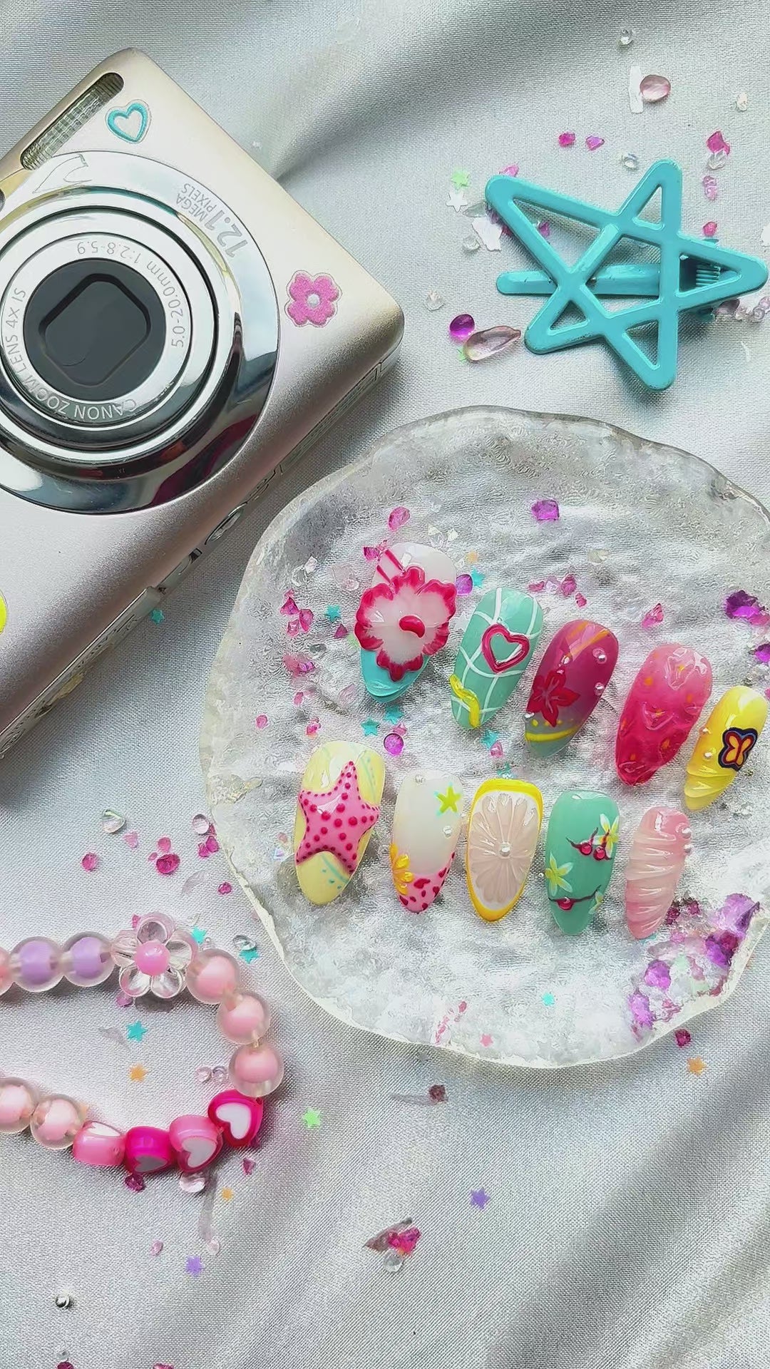 Custom Press-On Nails – Tropical Y2K Summer Vibes with 3D Starfish, Citrus & Butterflies | Wynzy Pops Nails