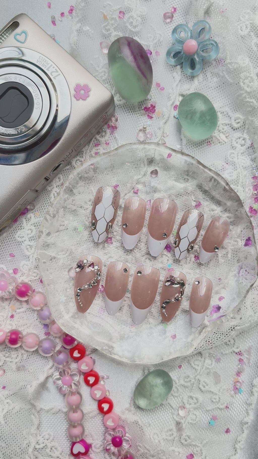 Nude White French Tip Press-On Nails | Rhinestone Long Stiletto Nail Art | Wynzy Pops Nails