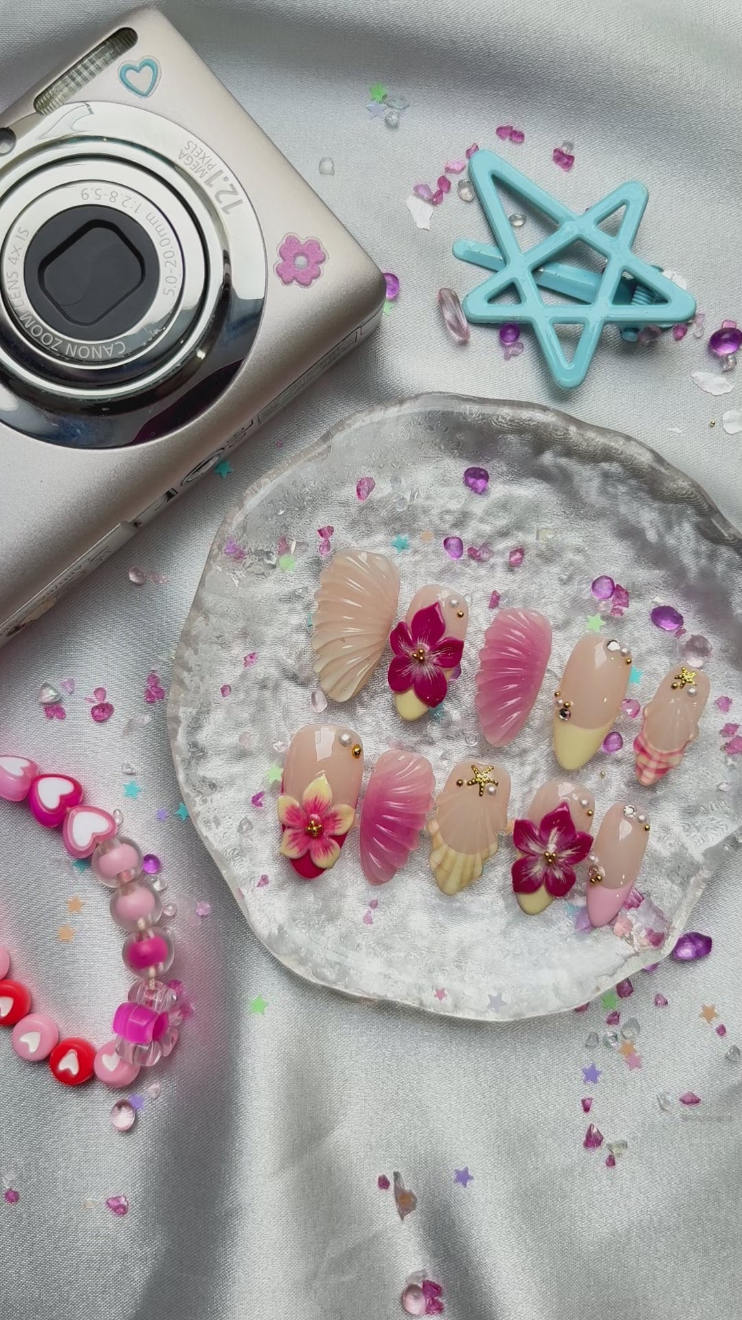 Custom Press-On Nails – Tropical 3D Flowers & Seashell Tips | Wynzy Pops Nails