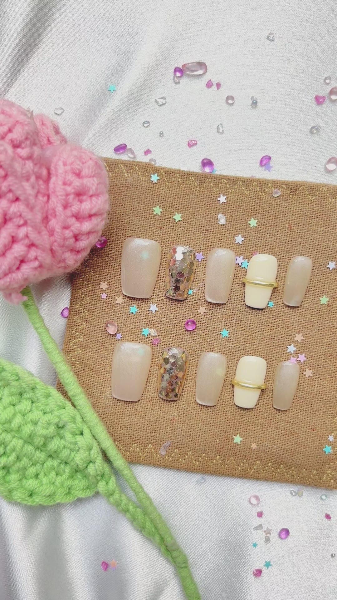 Custom Press-On Nails – Nude Gray with Gold Ring Accent & Glitter Hex | Modern Luxury Set by Wynzy Pops Nails