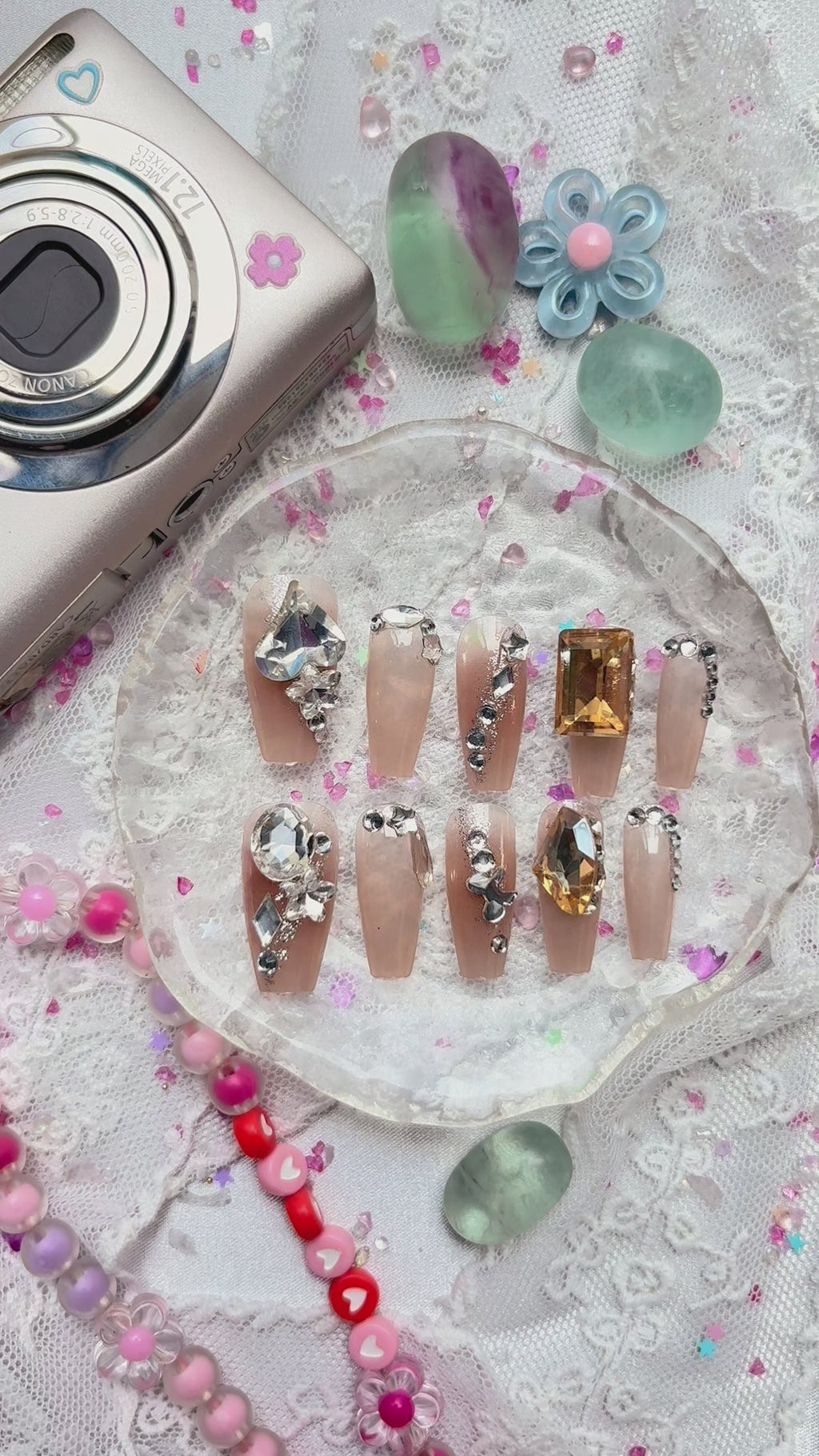 Press-On Nails – Long Square Brown Jelly with Silver Glitter, Crystal & Gold Gem Accents | Wynzy Pops Nails