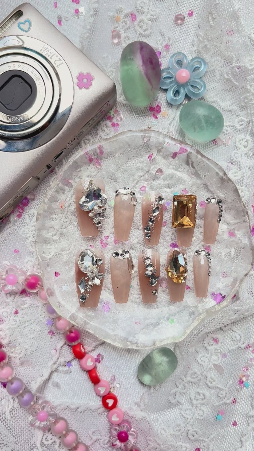 Press-On Nails – Long Square Brown Jelly with Silver Glitter, Crystal & Gold Gem Accents | Wynzy Pops Nails