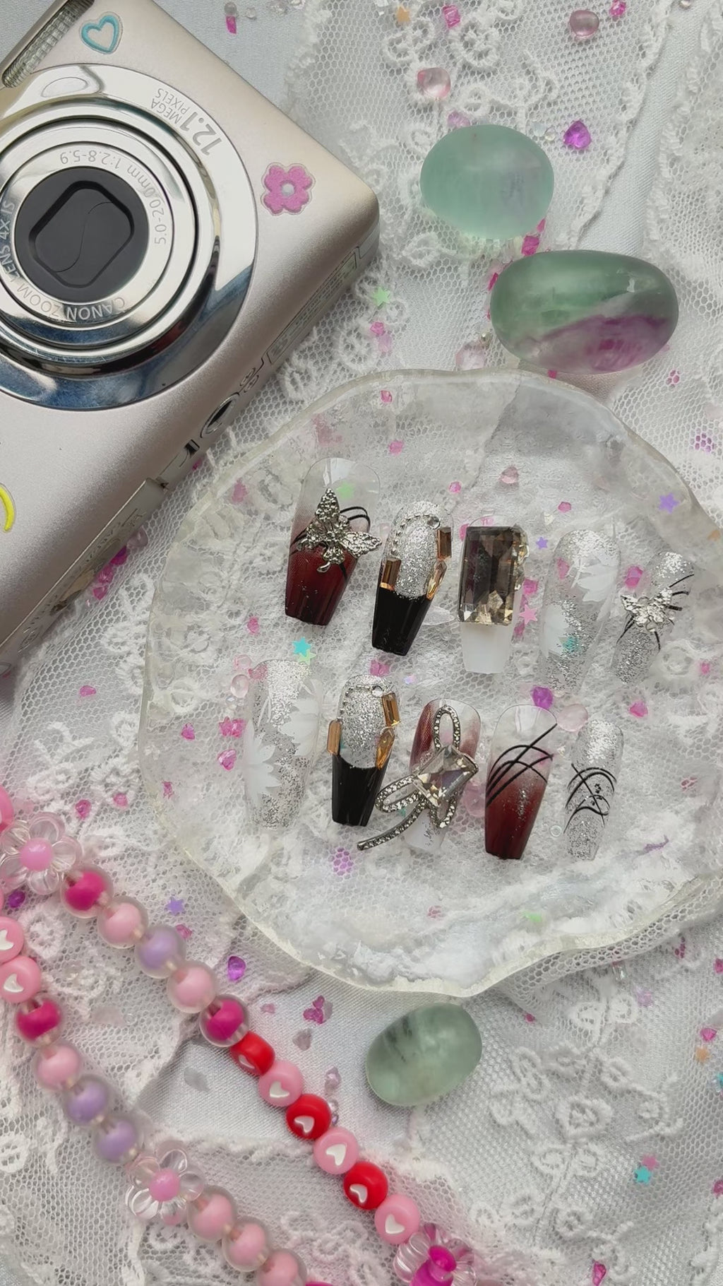 Press-On Nails – Luxury Butterfly Coffin with Rhinestone & Silver Glitter Accents | Handmade Nail Art | Wynzy Pops Nails
