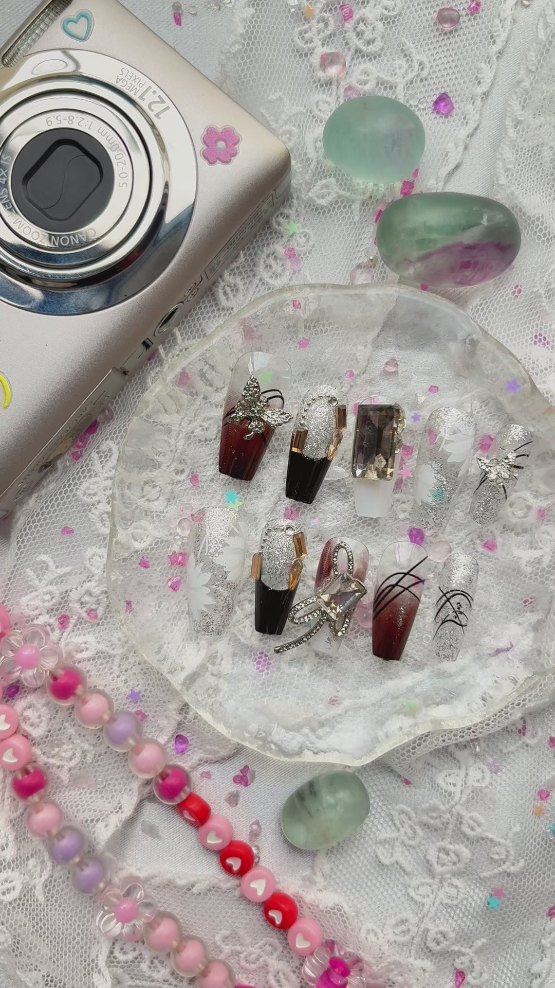 Press-On Nails – Luxury Butterfly Coffin with Rhinestone & Silver Glitter Accents | Handmade Nail Art | Wynzy Pops Nails