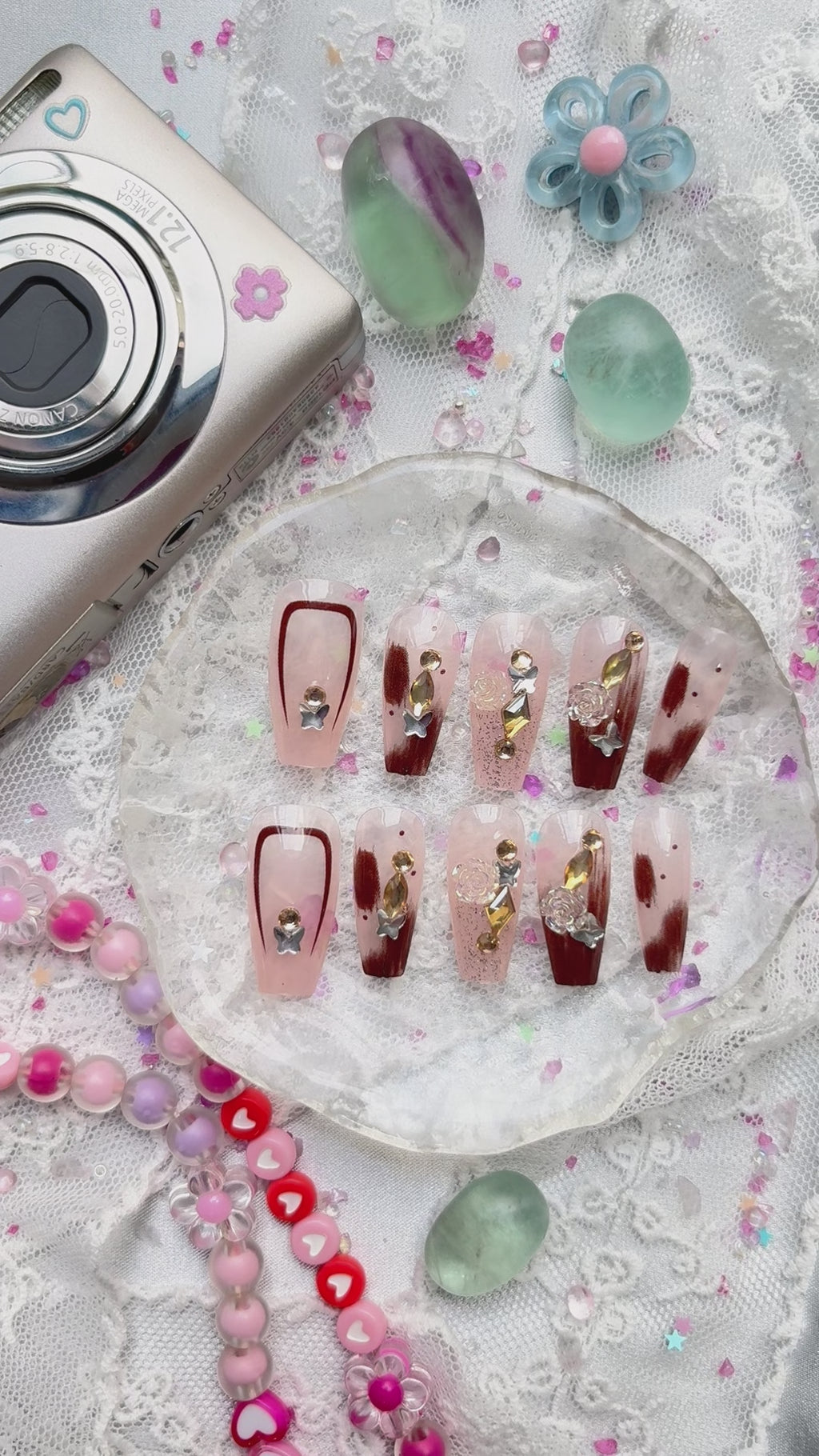 Press-On Nails – Mocha Blush with Gold Gems & Star Charms | Textured Glitter Art Coffin Set | Wynzy Pops Nails