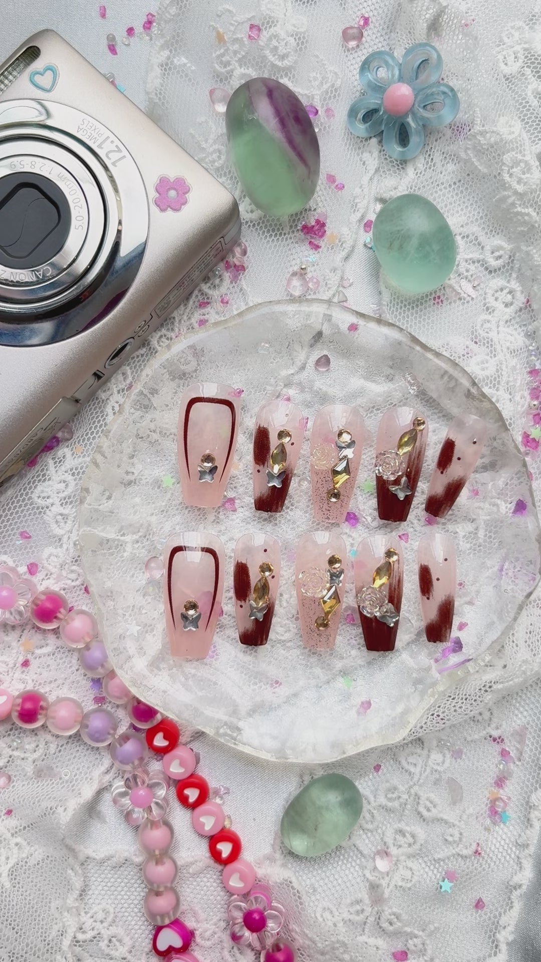 Press-On Nails – Mocha Blush with Gold Gems & Star Charms | Textured Glitter Art Coffin Set | Wynzy Pops Nails