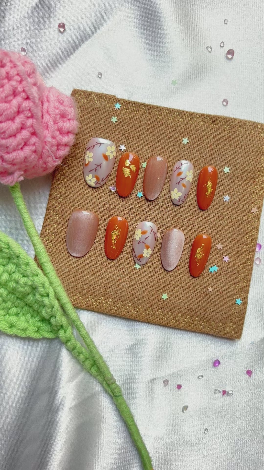 Custom Press-On Nails – Autumn Floral in Brown & Gray with Gold Foil | Cozy Fall Nail Art | Wynzy Pops Nails