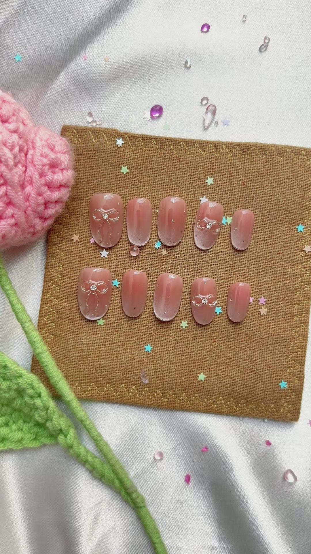Custom Press-On Nails – Pink Ombré with Rhinestone Bow Accents | Glossy Square Girly Glam | Wynzy Pops Nails