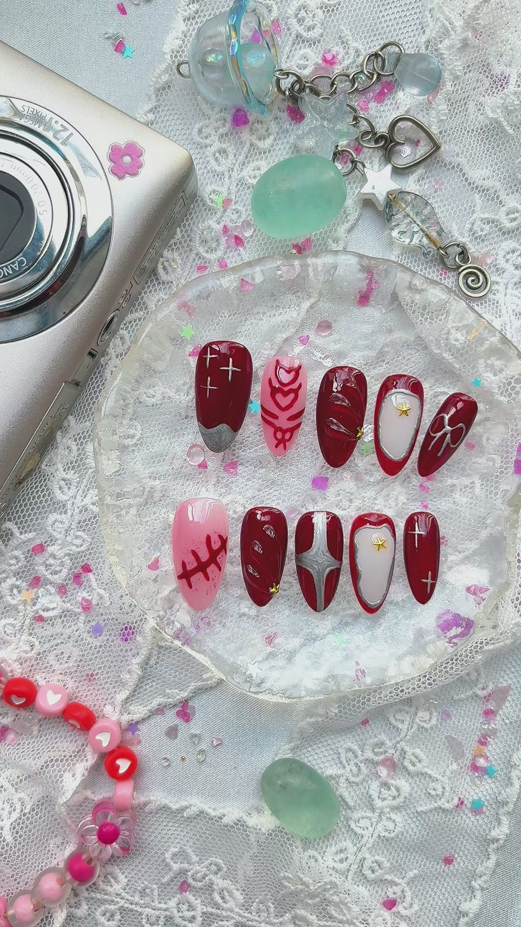 Custom Press-On Nails – Gothic Vampire Set in Wine Red & Pink with Cross, Star & Blood Drip Accents | Wynzy Pops Nails