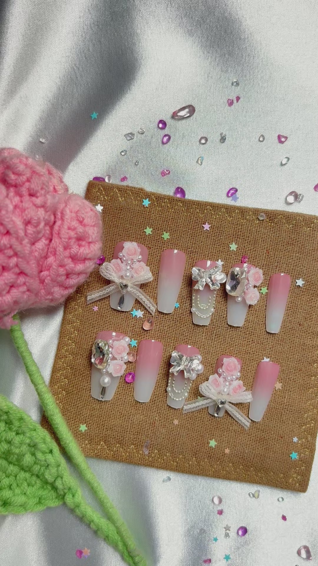 Pink Ombre Press On Nails | 3D Floral, Bow & Pearl Charms | Bridal Coquette Nail Trend 2025 | Long Coffin Shape
