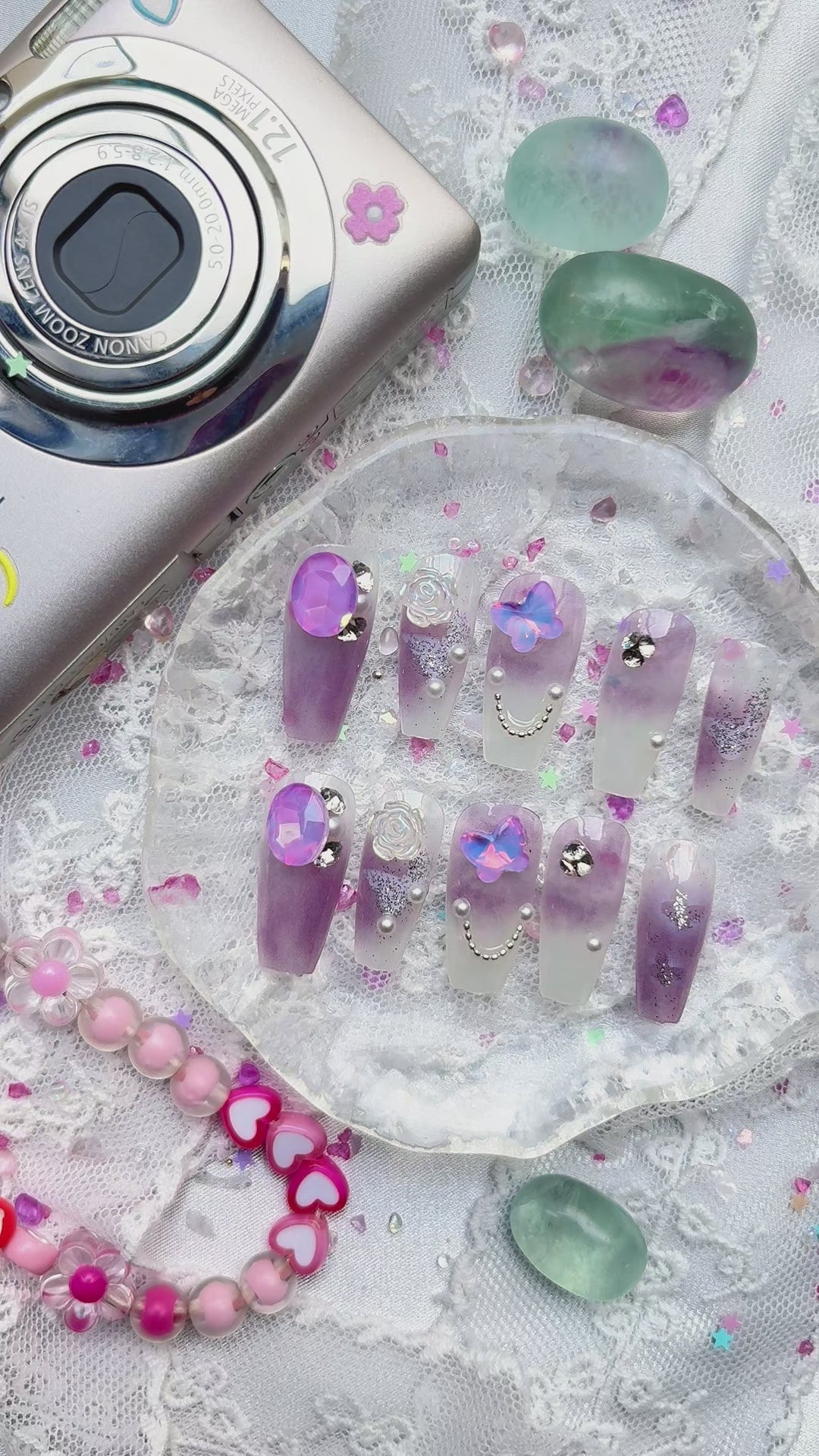 Press-On Nails – Lavender Ombre Coffin with Butterfly, Pearls & Crystal Charms | Wynzy Pops Nails
