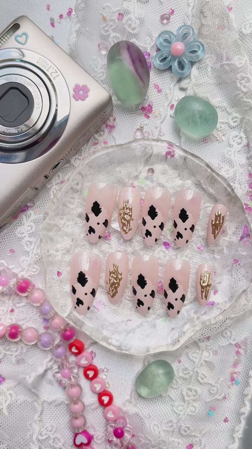 Custom Press-On Nails – Cow Print with Gold Doodle Charm on Beige Base | Wynzy Pops Nails