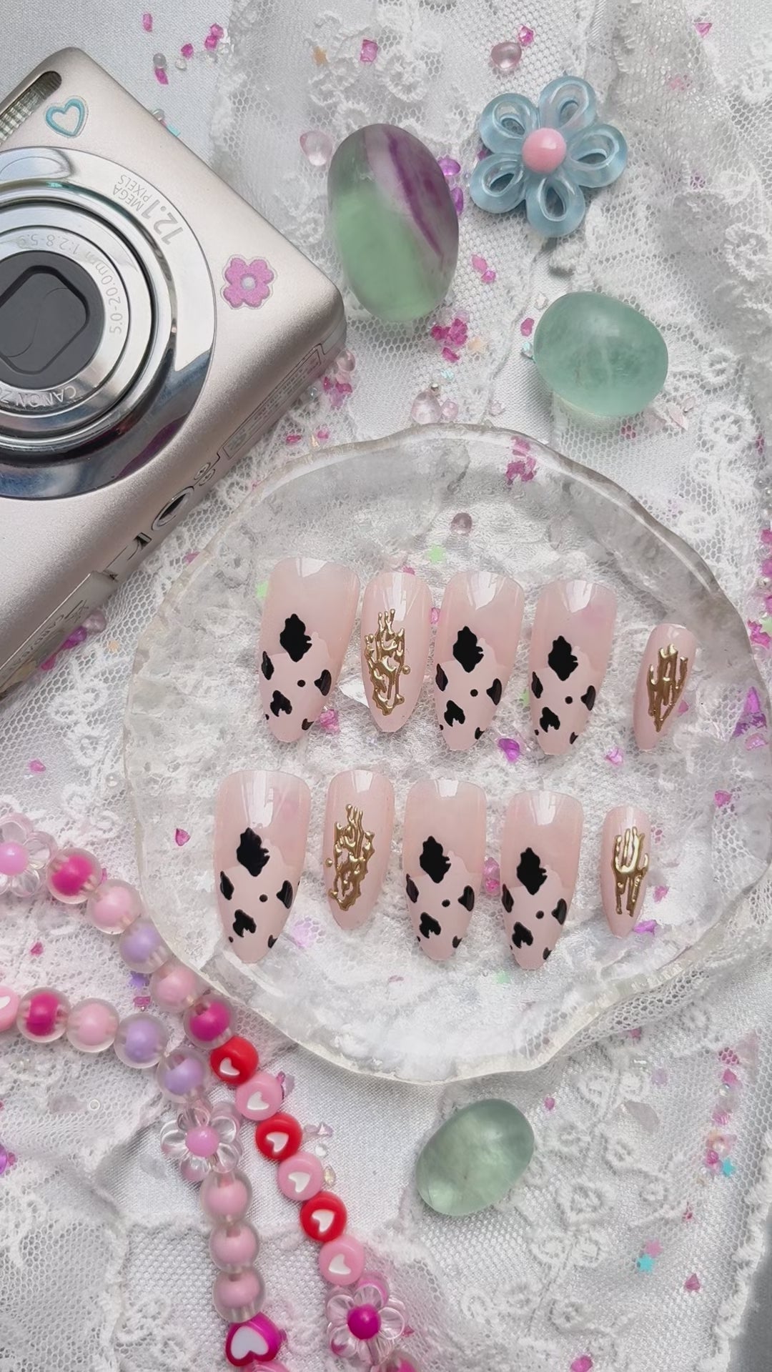 Custom Press-On Nails – Cow Print with Gold Doodle Charm on Beige Base | Wynzy Pops Nails