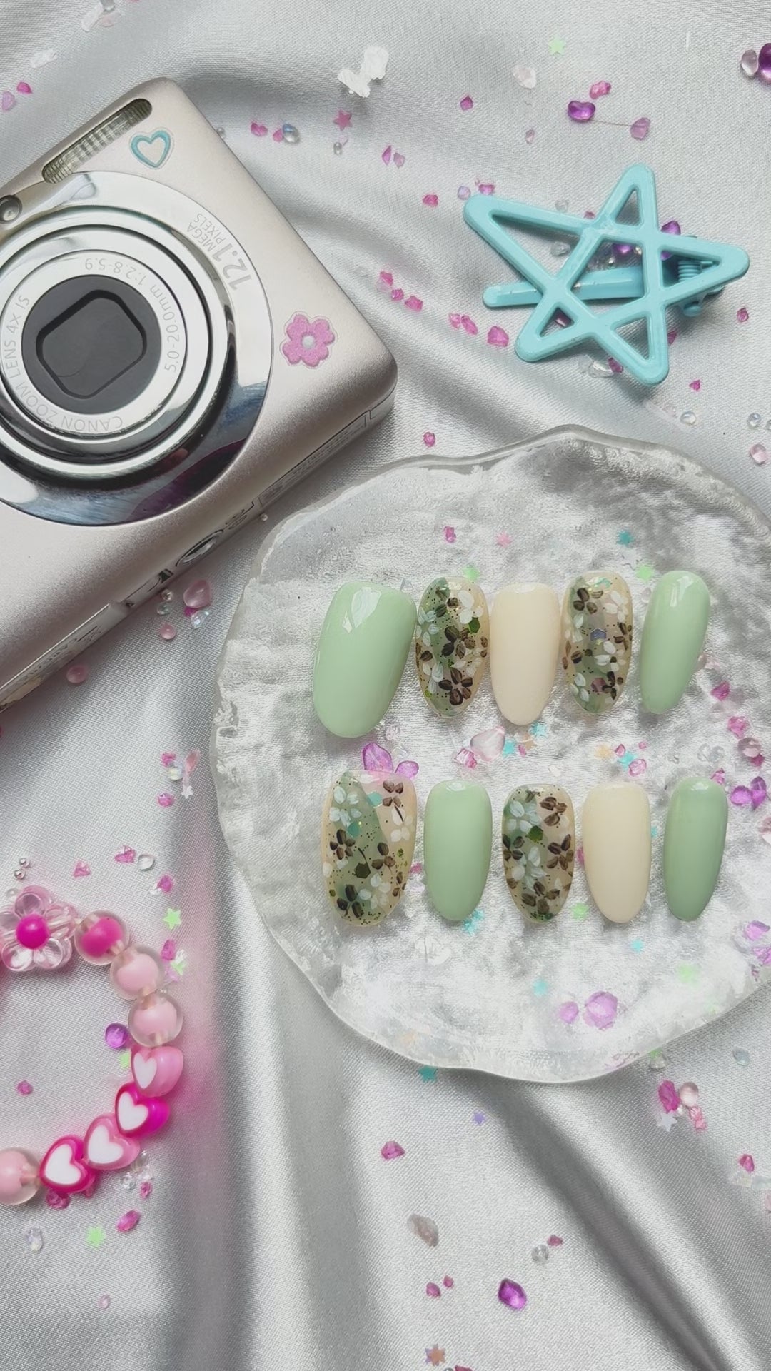 Custom Press-On Nails – Pastel Mint & Ivory Minimalist with Holographic Glitter | Wynzy Pops Nails