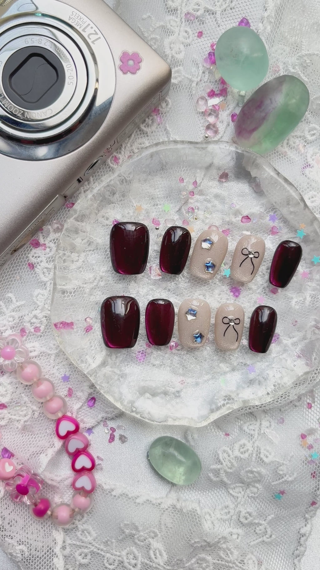 Custom Cat Eye Press On Nails | Short Square | Gradient Red-Bronze Glow | Nude Accents with Star & Bow Designs | Personalized Gift