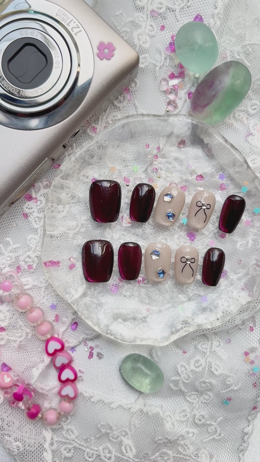 Custom Cat Eye Press On Nails | Short Square | Gradient Red-Bronze Glow | Nude Accents with Star & Bow Designs | Personalized Gift