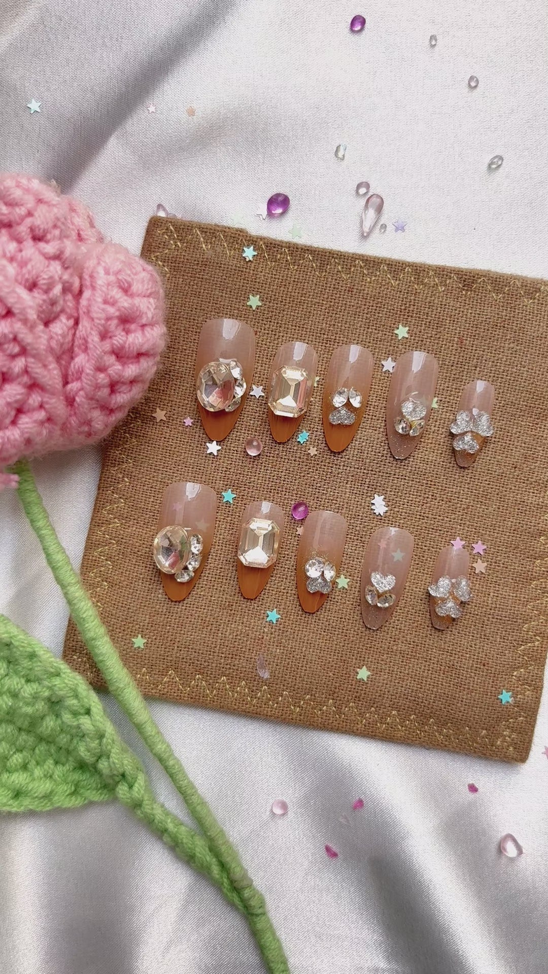 Press-On Nails – Nude Brown Glitter with Crystal Rhinestone Accents | Wynzy Pops Nails