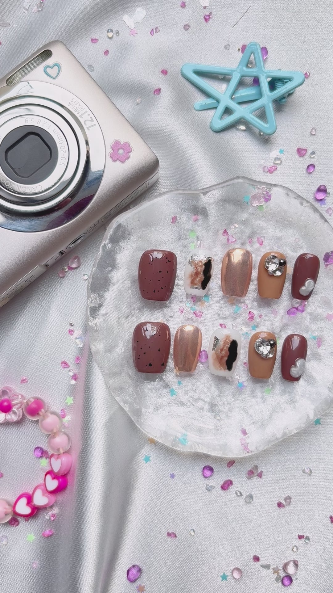 Custom Press-On Nails – Brown & Bronze Glossy with 3D Crystal & Abstract Art | Wynzy Pops Nails