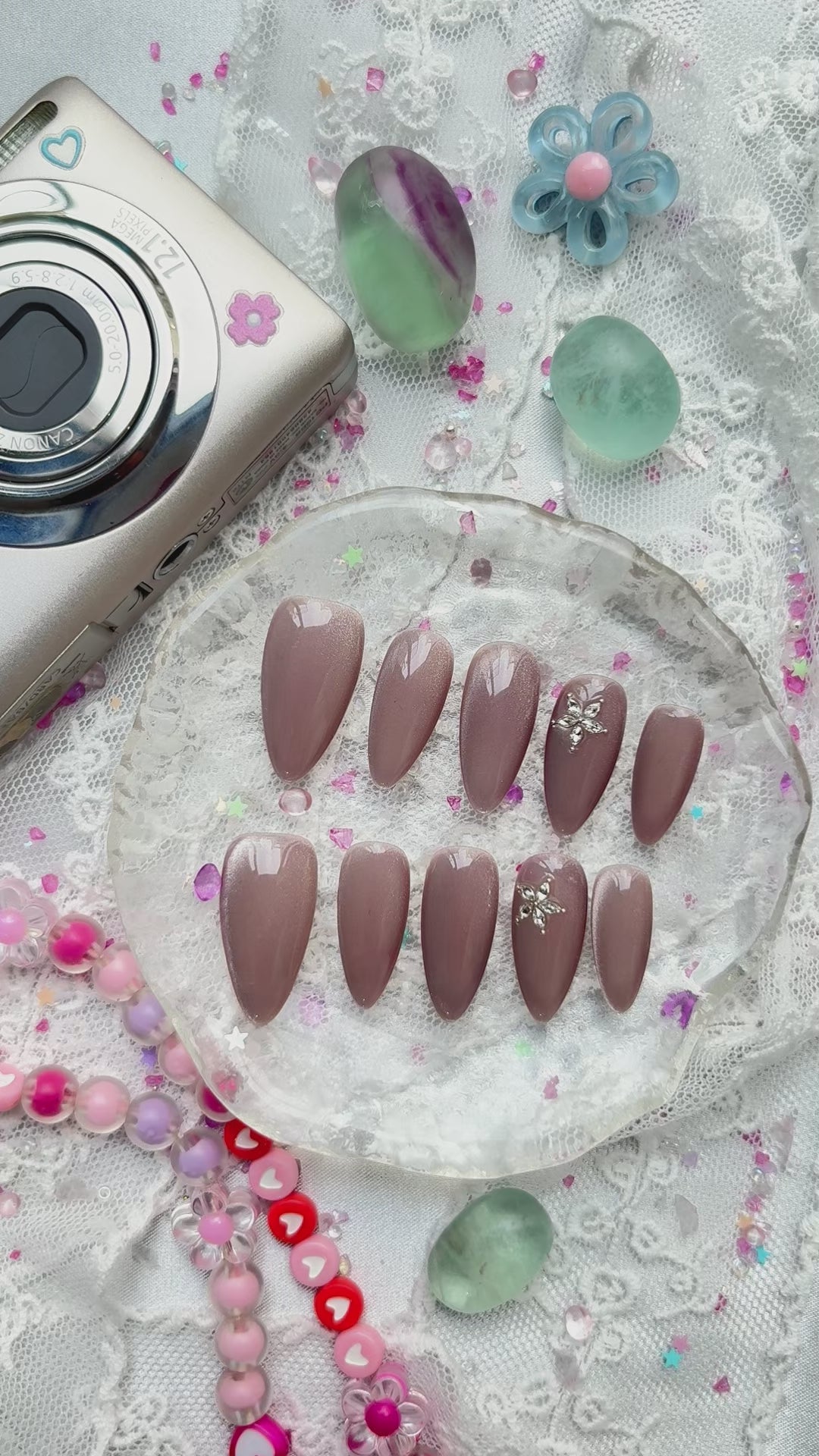 Custom Press-On Nails – Long Almond Pink Cat Eye with Floral Rhinestone Accents | Personalized Nail Art Set | Wynzy Pops Nails