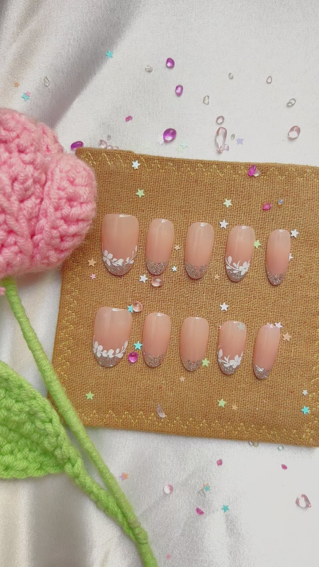 Custom Press-On Nails – Almond Pink Ombré with White Floral Glitter French Tips | Personalized Elegant Nail Art | Wynzy Pops Nails