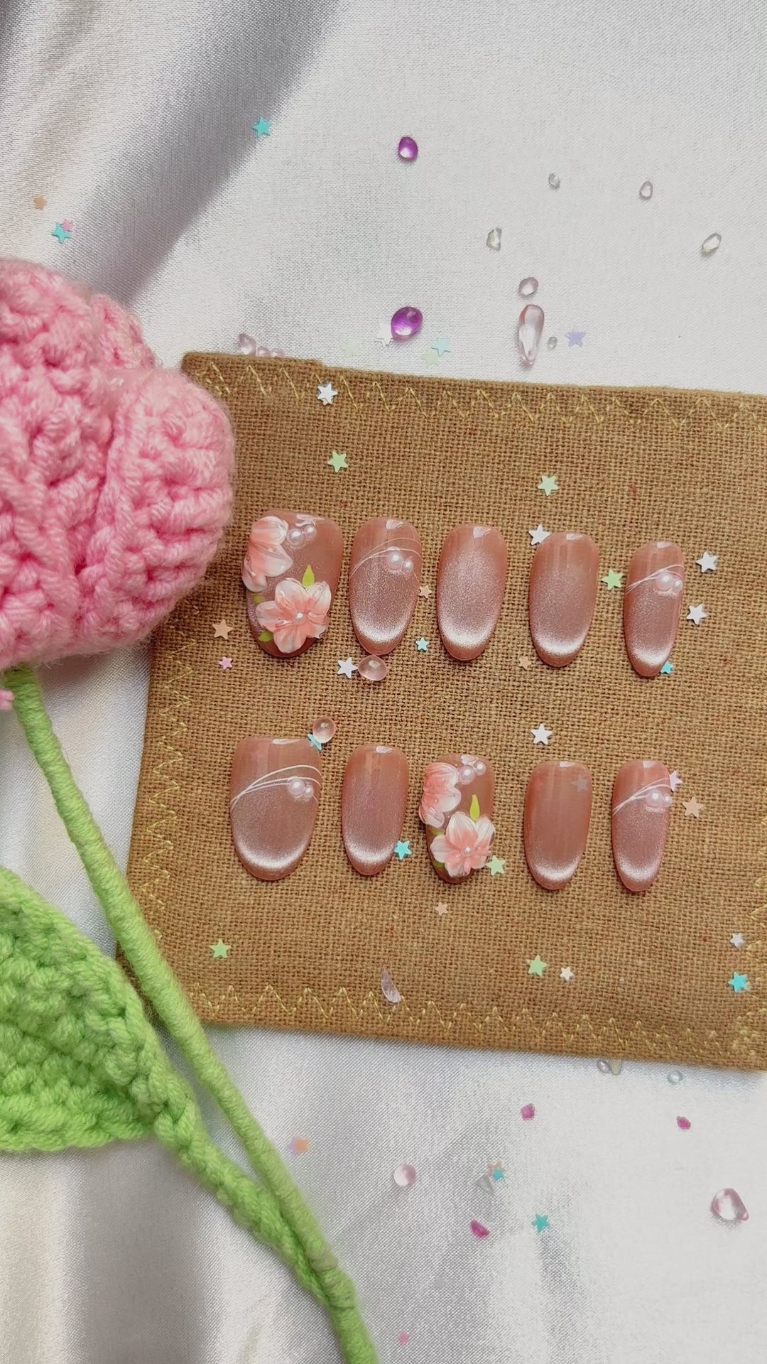 Custom Press-On Nails – Nude Cat Eye with 3D Floral & Pearl Accents | Elegant Wedding Set | Wynzy Pops Nails