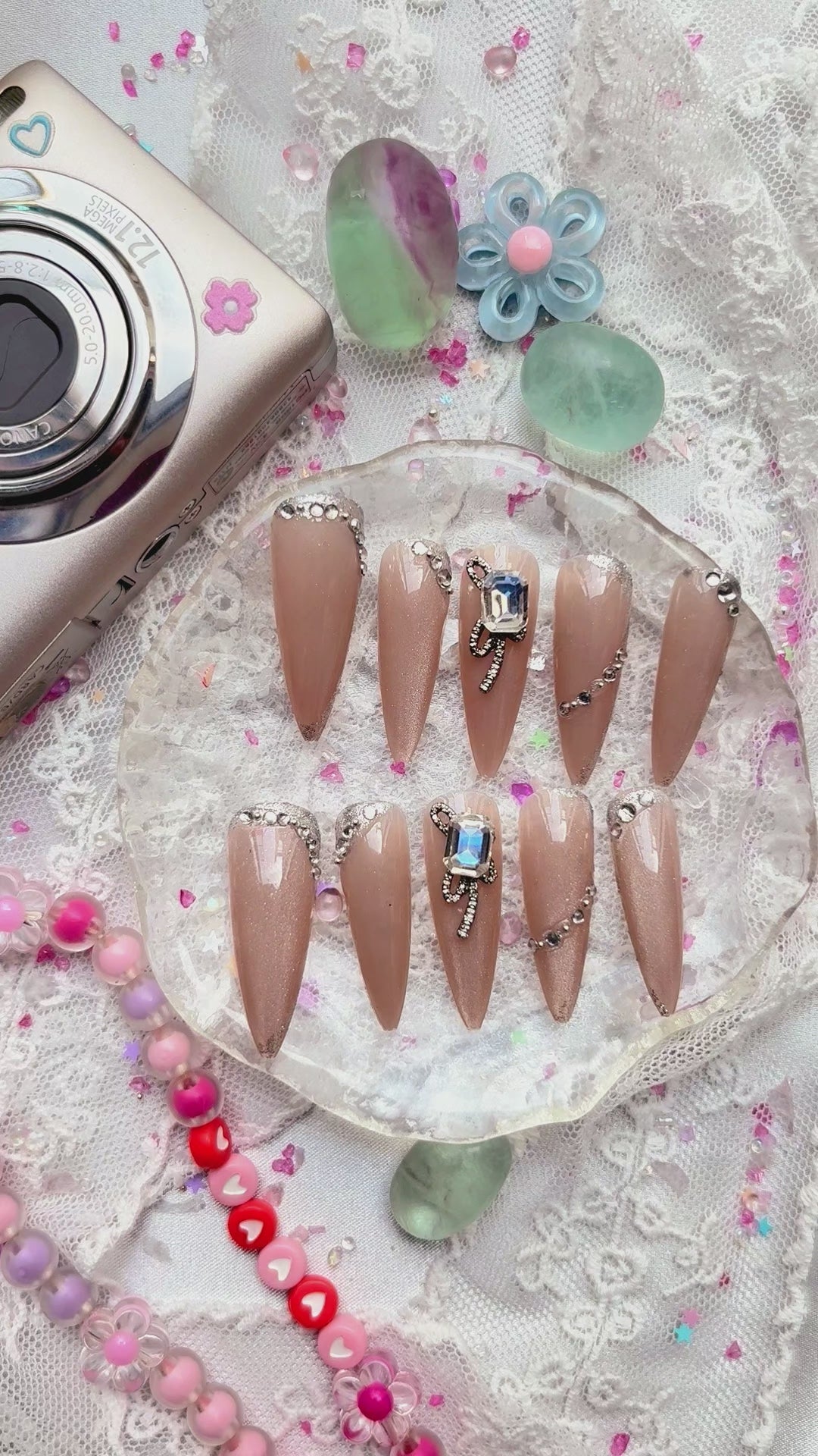 Press-On Nails – Nude Stiletto with Rhinestone & Crystal Bow Accents | Elegant Glam Luxury | Wynzy Pops Nails