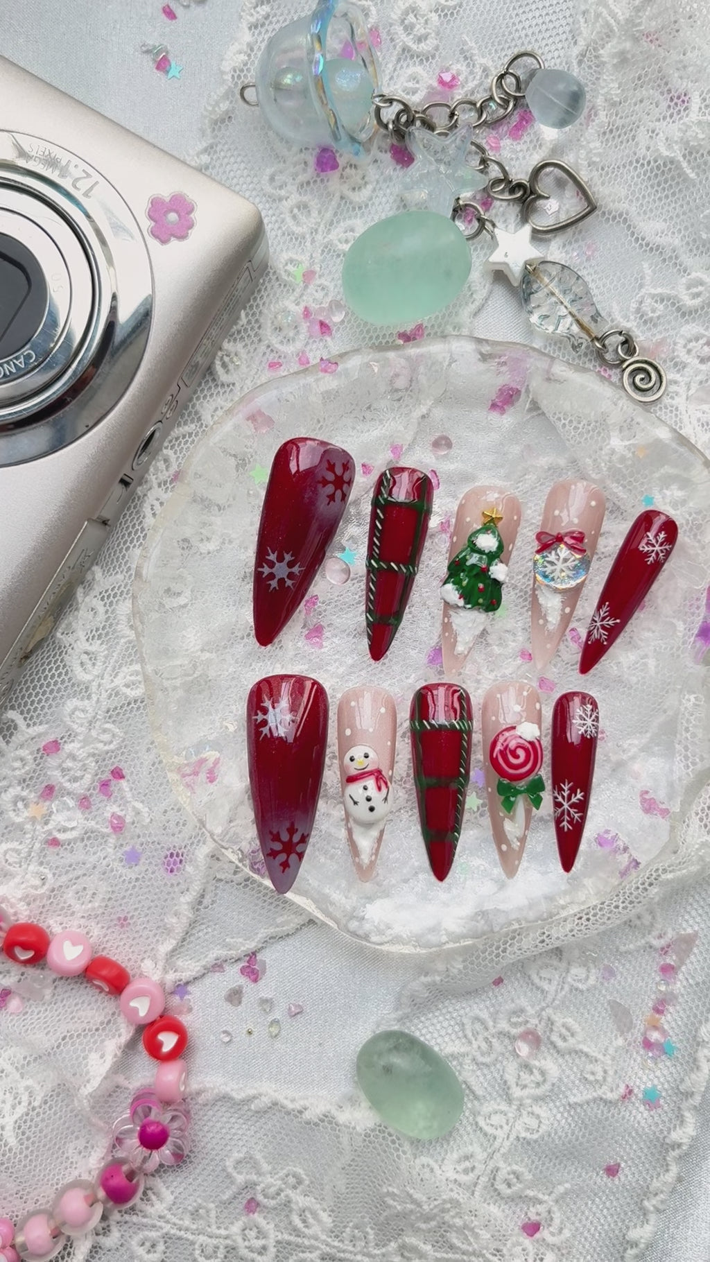 Custom Press-On Nails – Christmas Holiday Set with 3D Tree, Snowman & Snowflakes | Wynzy Pops Nails