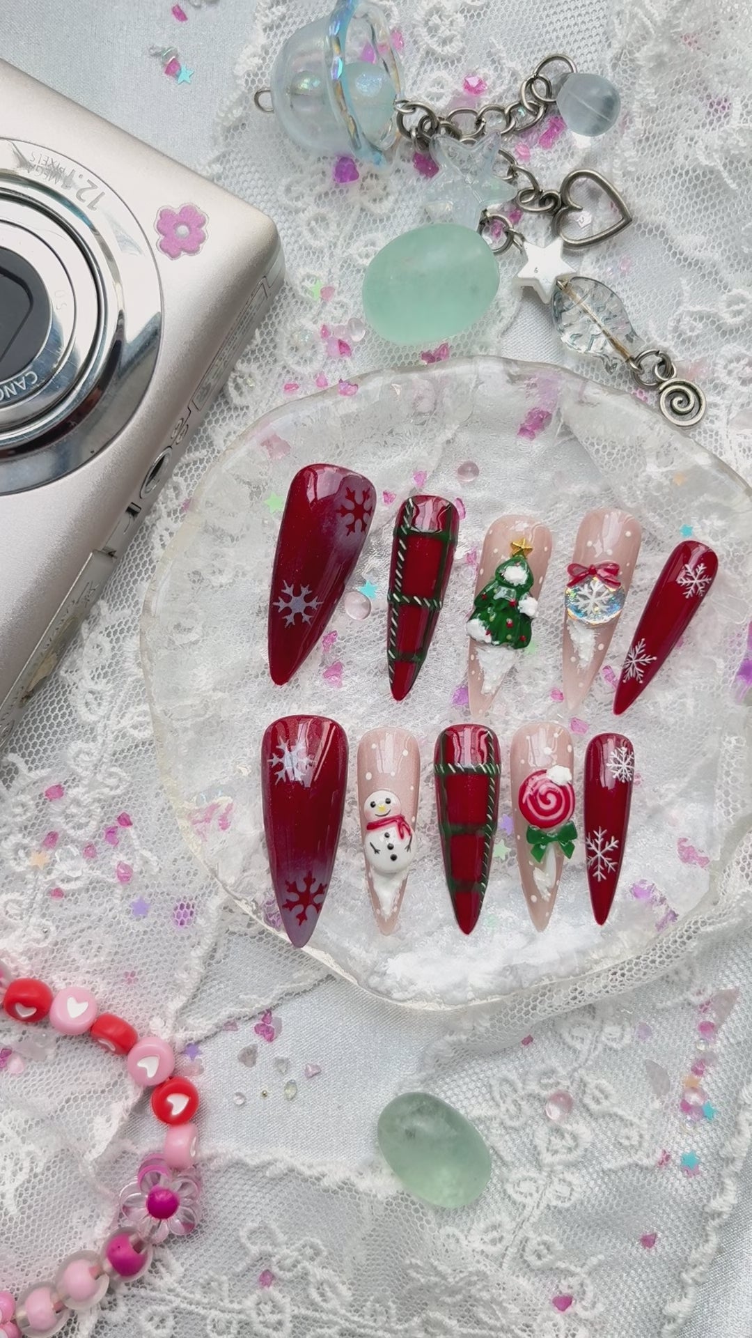 Custom Press-On Nails – Christmas Holiday Set with 3D Tree, Snowman & Snowflakes | Wynzy Pops Nails
