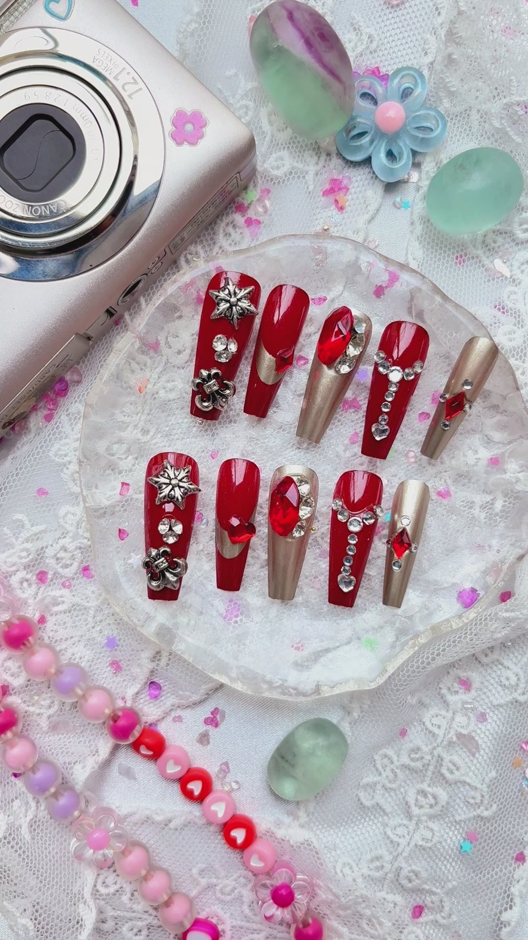 Press-On Nails – Red & Gold Halloween Set with Gothic Rhinestone Accents | Wynzy Pops Nails
