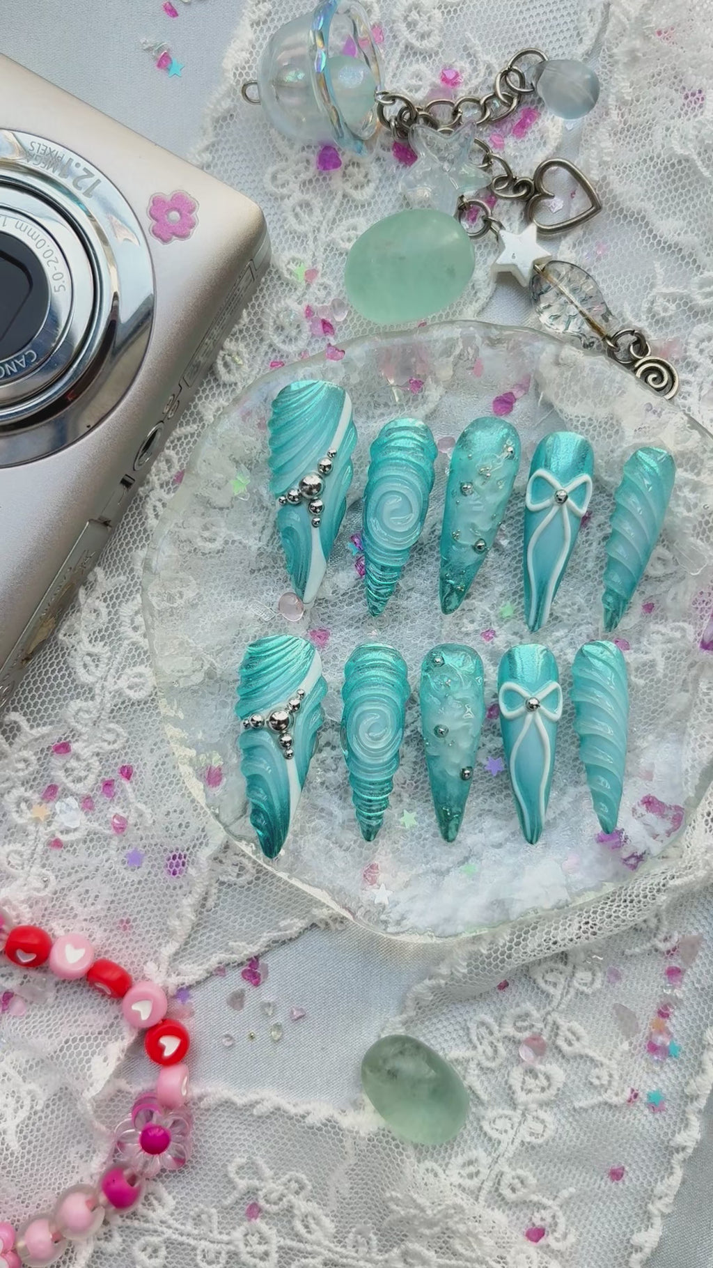 Custom Press-On Nails – Blue Ocean 3D Stiletto with Bow & Y2K Nail Art | Wynzy Pops Nails