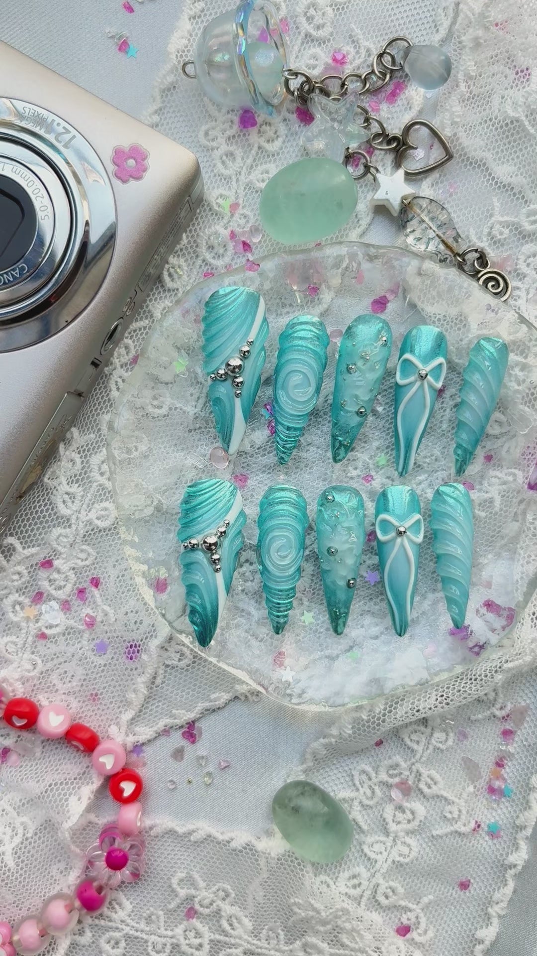 Custom Press-On Nails – Blue Ocean 3D Stiletto with Bow & Y2K Nail Art | Wynzy Pops Nails
