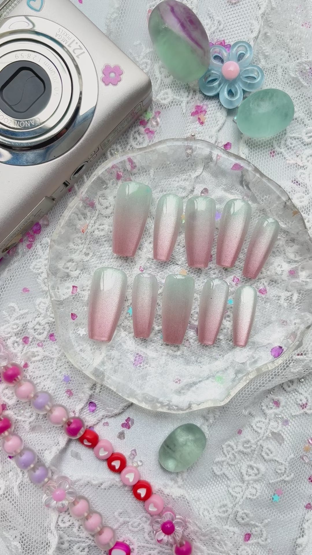 Custom Press-On Nails – Personalized Pastel Ombré Glitter Coffin Set | Soft Pink & Mint Shimmer | Wynzy Pops Nails