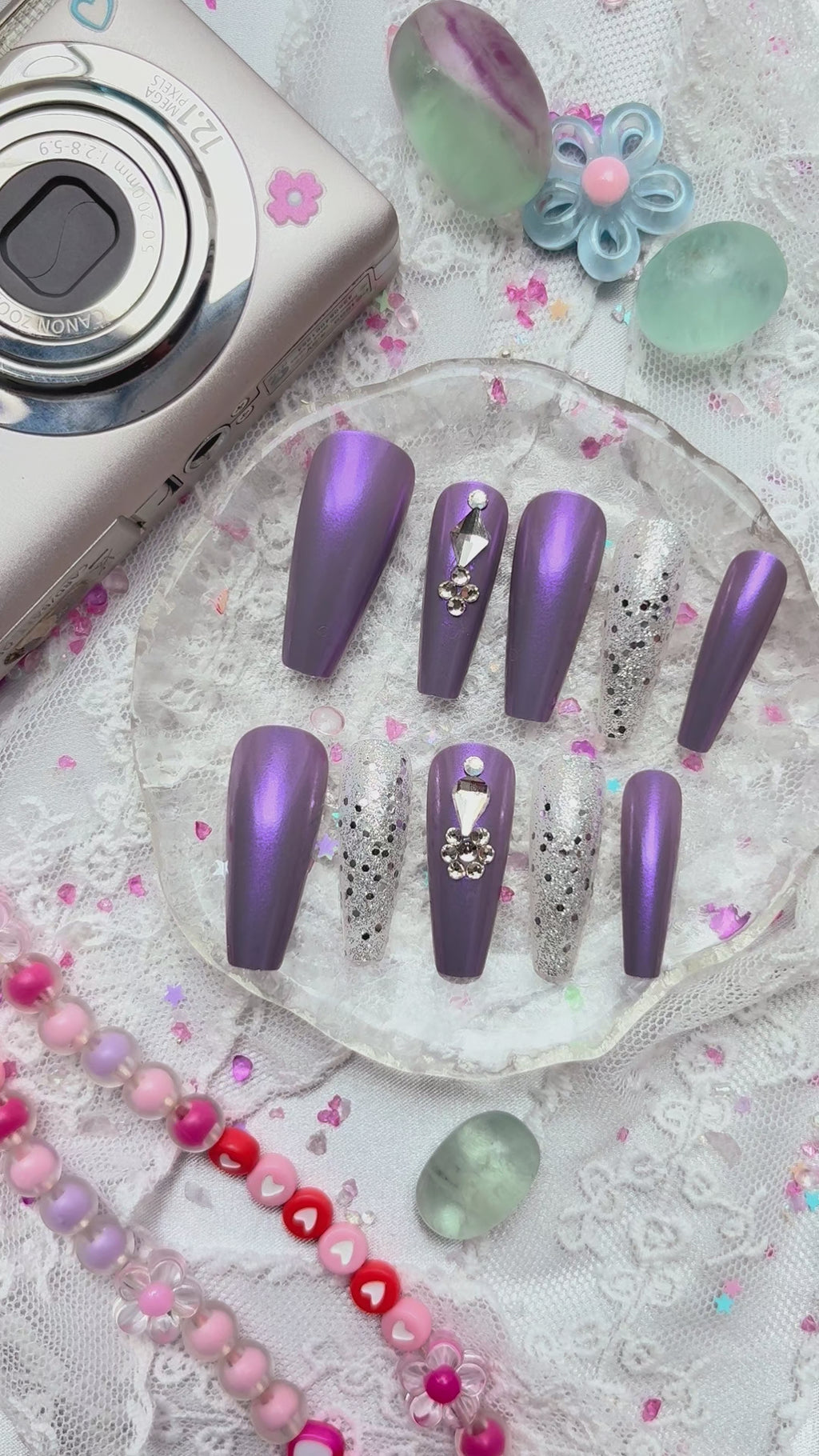 Press-On Nails – Purple Glitter Coffin with Rhinestone Accents | Non-Custom Handmade Nail Art | Wynzy Pops Nails