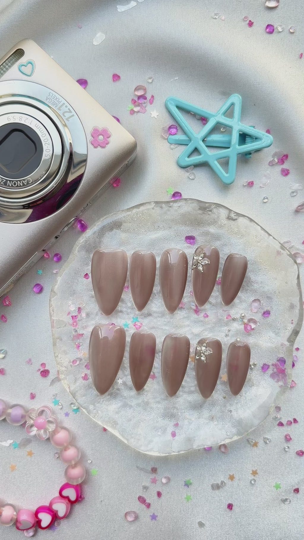 Custom Press-On Nails – Long Almond in Mocha Brown with Floral Rhinestone Accents | Personalized Nude Chic | Wynzy Pops Nails