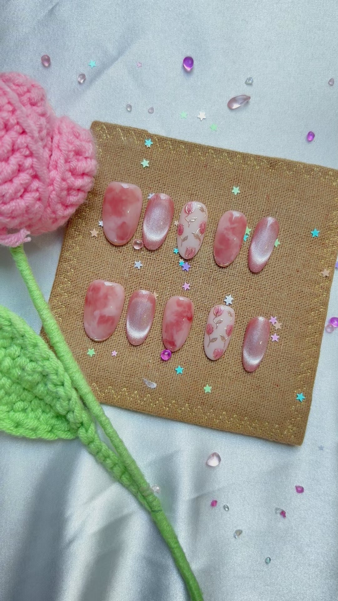 Personalized Nude Marble Press On Nails – Pink Rose Cat Eye & Glossy Floral Luxury Nail Art Set | Wynzy Pops Nails