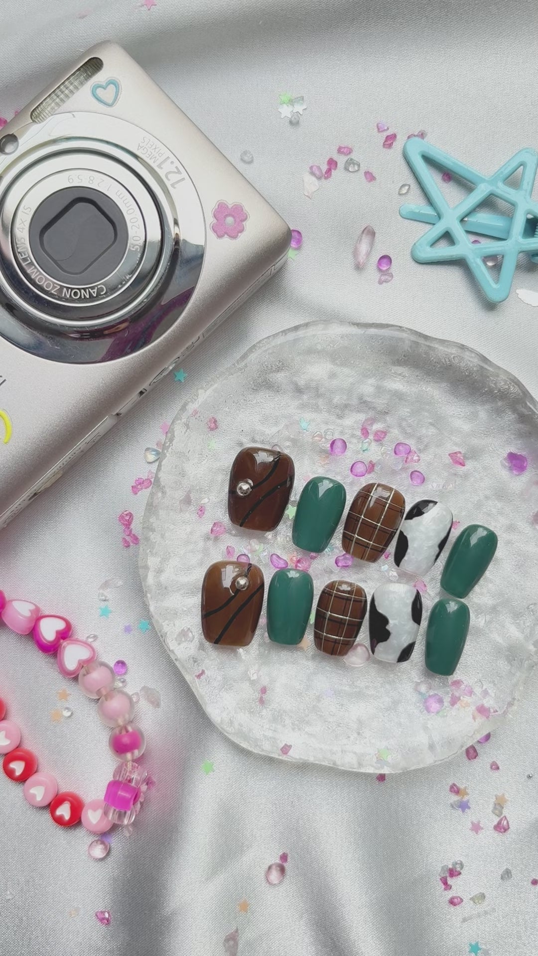 Personalized Green & Brown Press On Nails | Plaid & Marble Accents | Cow Print & Rhinestone Details | Short Square Handmade Nail Set