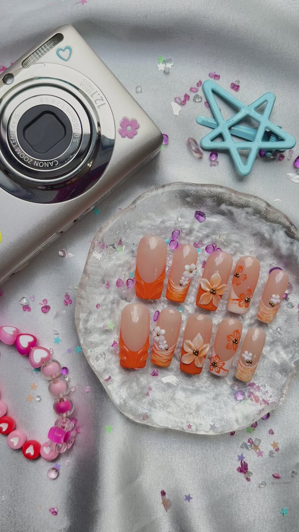 Custom Press-On Nails – Orange French with 3D Floral & Hand-Painted Flowers | Tropical Summer Square Set | Wynzy Pops Nails