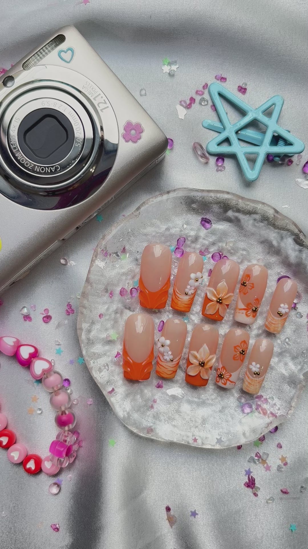 Custom Press-On Nails – Orange French with 3D Floral & Hand-Painted Flowers | Tropical Summer Square Set | Wynzy Pops Nails