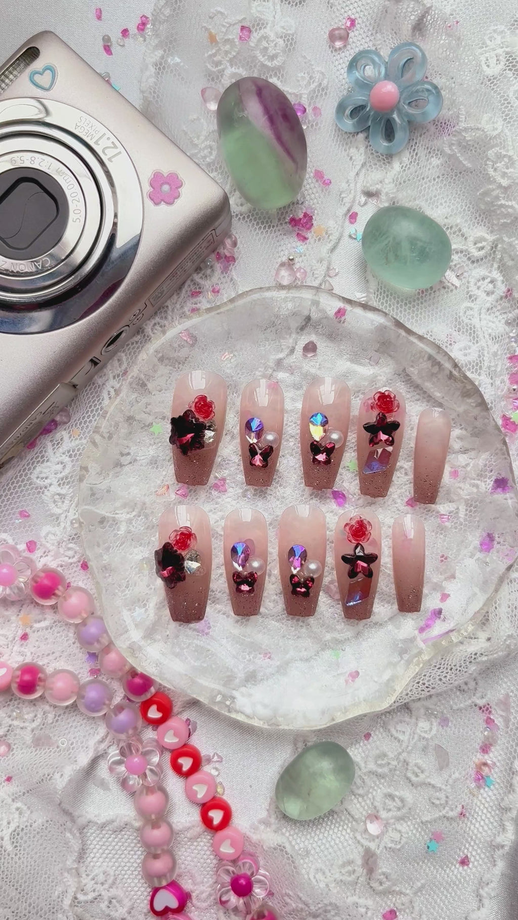 Press-On Nails – Long Square Nude Glitter with Red Rose & Crystal Rhinestone Accents | Wynzy Pops Nails